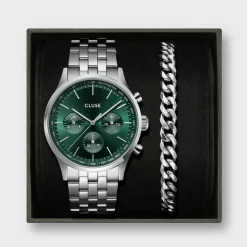 CLUSE Montres Argent|Anthéor^Gift Box Anthéor Multifunction Steel Watch Green & Cuban Chain Bracelet