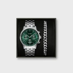 CLUSE Montres Argent|Anthéor^Gift Box Anthéor Multifunction Steel Watch Green & Cuban Chain Bracelet