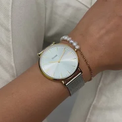 CLUSE Boho Chic^Gift Box Boho Chic Watch Mesh Bicolour and Mixed Chain Pearl Bracelet Gold Colour