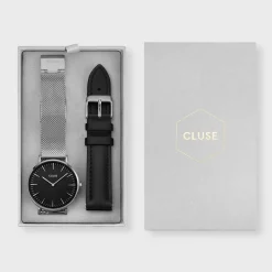 CLUSE Boho Chic^Gift Box Boho Chic Watch Mesh and Leather Strap, Silver Colour