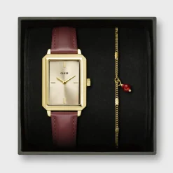 CLUSE Fluette^Gift Box Fluette Leather Watch and Chain Bracelet, Gold Colour