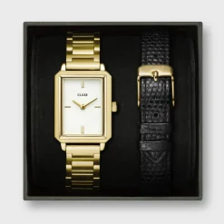 CLUSE Fluette^Gift Box Fluette Steel Watch and Black Leather Lizard Strap, Gold Colour