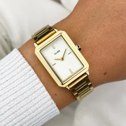 CLUSE Fluette^Gift Box Fluette Steel Watch and Black Leather Lizard Strap, Gold Colour