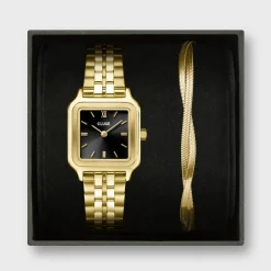 CLUSE Gracieuse Petite^Gift Box Gracieuse Petite Watch Steel, Black & Twisted Snake Bracelet, Gold Colour