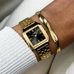 CLUSE Gracieuse Petite^Gift Box Gracieuse Petite Watch Steel, Black & Twisted Snake Bracelet, Gold Colour