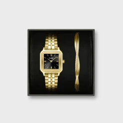 CLUSE Gracieuse Petite^Gift Box Gracieuse Petite Watch Steel, Black & Twisted Snake Bracelet, Gold Colour