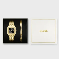 CLUSE Gracieuse Petite^Gift Box Gracieuse Petite Watch Steel, Black & Twisted Snake Bracelet, Gold Colour