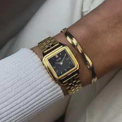 CLUSE Gracieuse Petite^Gift Box Gracieuse Petite Watch Steel, Black & Twisted Snake Bracelet, Gold Colour