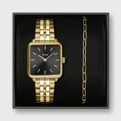 CLUSE La Tétragone^Gift Box La Tétragone Black Steel Watch & Paperclip Chain Bracelet, Gold Colour