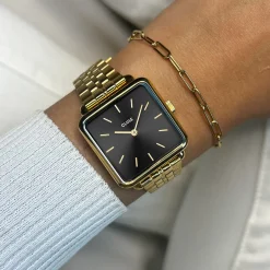 CLUSE La Tétragone^Gift Box La Tétragone Black Steel Watch & Paperclip Chain Bracelet, Gold Colour