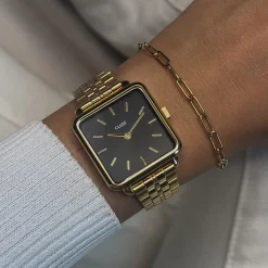 CLUSE La Tétragone^Gift Box La Tétragone Black Steel Watch & Paperclip Chain Bracelet, Gold Colour
