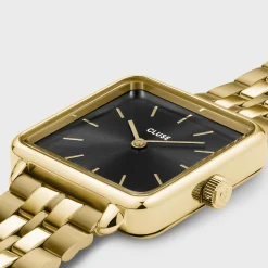 CLUSE La Tétragone^Gift Box La Tétragone Black Steel Watch & Paperclip Chain Bracelet, Gold Colour