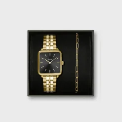 CLUSE La Tétragone^Gift Box La Tétragone Black Steel Watch & Paperclip Chain Bracelet, Gold Colour