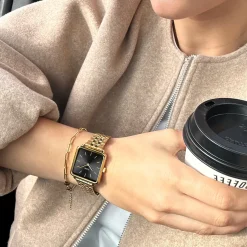 CLUSE La Tétragone^Gift Box La Tétragone Black Steel Watch & Paperclip Chain Bracelet, Gold Colour