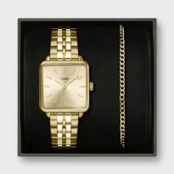 CLUSE La Tétragone^Gift Box La Tétragone Full Gold Steel Watch & Curb Chain Bracelet, Gold Colour