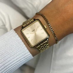 CLUSE La Tétragone^Gift Box La Tétragone Full Gold Steel Watch & Curb Chain Bracelet, Gold Colour