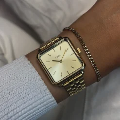 CLUSE La Tétragone^Gift Box La Tétragone Full Gold Steel Watch & Curb Chain Bracelet, Gold Colour