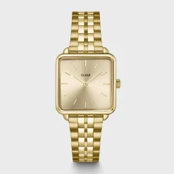 CLUSE La Tétragone^Gift Box La Tétragone Full Gold Steel Watch & Curb Chain Bracelet, Gold Colour