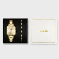 CLUSE La Tétragone^Gift Box La Tétragone Full Gold Steel Watch & Curb Chain Bracelet, Gold Colour