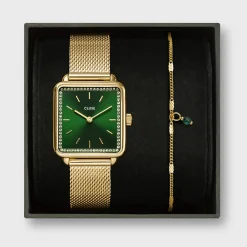 CLUSE La Tétragone^Gift Box La Tétragone Mesh and Malachite Bracelet Gold Colour