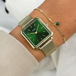 CLUSE La Tétragone^Gift Box La Tétragone Mesh and Malachite Bracelet Gold Colour