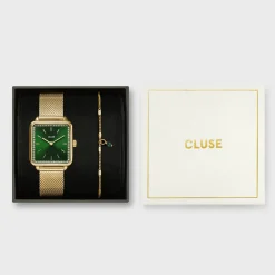CLUSE La Tétragone^Gift Box La Tétragone Mesh and Malachite Bracelet Gold Colour