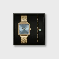 CLUSE La Tétragone^Gift Box La Tétragone Mesh Watch & Chain Bracelet, Gold Colour