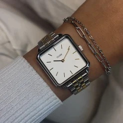 CLUSE La Tétragone^Gift Box La Tétragone Steel Watch, Bicolour & Double Chain Bracelet, Silver Colour