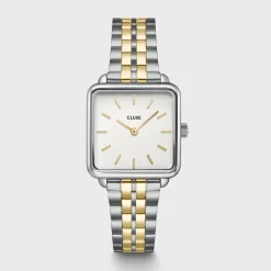 CLUSE La Tétragone^Gift Box La Tétragone Steel Watch, Bicolour & Double Chain Bracelet, Silver Colour