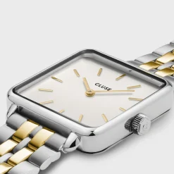 CLUSE La Tétragone^Gift Box La Tétragone Steel Watch, Bicolour & Double Chain Bracelet, Silver Colour