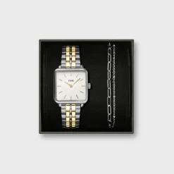 CLUSE La Tétragone^Gift Box La Tétragone Steel Watch, Bicolour & Double Chain Bracelet, Silver Colour