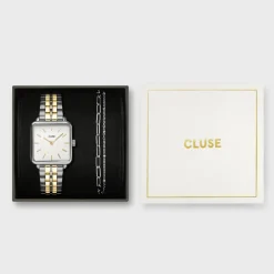 CLUSE La Tétragone^Gift Box La Tétragone Steel Watch, Bicolour & Double Chain Bracelet, Silver Colour