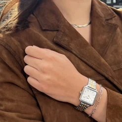 CLUSE La Tétragone^Gift Box La Tétragone Steel Watch, Bicolour & Double Chain Bracelet, Silver Colour