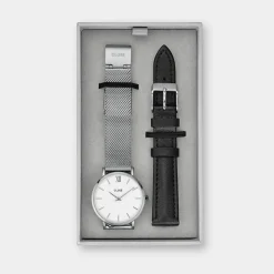 CLUSE Minuit^Gift Box Minuit Mesh & Leather Strap Silver Colour