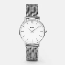 CLUSE Minuit^Gift Box Minuit Mesh & Leather Strap Silver Colour