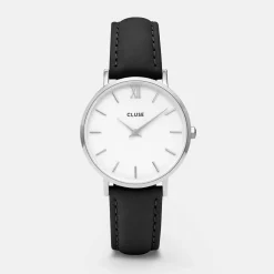 CLUSE Minuit^Gift Box Minuit Mesh & Leather Strap Silver Colour