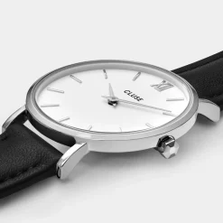 CLUSE Minuit^Gift Box Minuit Mesh & Leather Strap Silver Colour