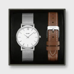 CLUSE Minuit^Gift Box Minuit Watch & Brown Leather Strap Silver Colour