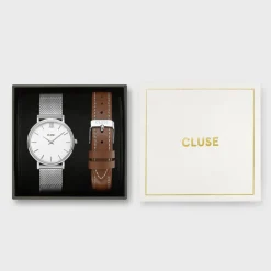 CLUSE Minuit^Gift Box Minuit Watch & Brown Leather Strap Silver Colour