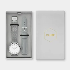 CLUSE Minuit^Gift Box Minuit Watch Mesh & Grey Leather Strap, Silver Colour