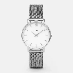 CLUSE Minuit^Gift Box Minuit Watch Mesh & Grey Leather Strap, Silver Colour