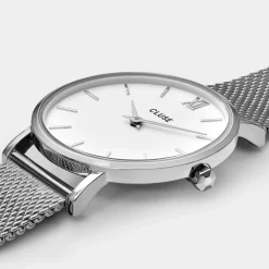 CLUSE Minuit^Gift Box Minuit Watch Mesh & Grey Leather Strap, Silver Colour