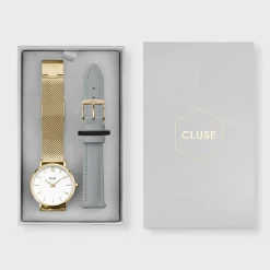 CLUSE Minuit^Gift Box Minuit Watch Mesh & Grey Leather Strap, Gold Colour