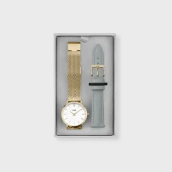 CLUSE Minuit^Gift Box Minuit Watch Mesh & Grey Leather Strap, Gold Colour
