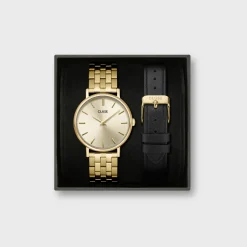 CLUSE Pavane Petite^Gift Box Pavane Petite 2.0 Steel Watch Gold & Black Leather Strap, Gold Colour