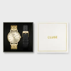 CLUSE Pavane Petite^Gift Box Pavane Petite 2.0 Steel Watch Gold & Black Leather Strap, Gold Colour