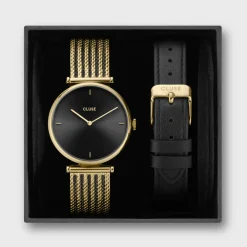 CLUSE Triomphe^Gift Box Triomphe Mesh, Gold Colour & Black Leather Strap