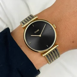 CLUSE Triomphe^Gift Box Triomphe Mesh, Gold Colour & Black Leather Strap