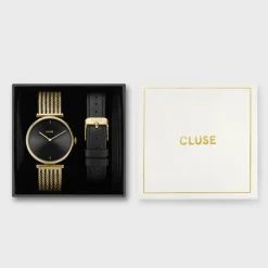 CLUSE Triomphe^Gift Box Triomphe Mesh, Gold Colour & Black Leather Strap