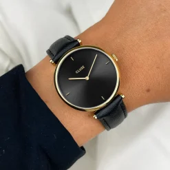 CLUSE Triomphe^Gift Box Triomphe Mesh, Gold Colour & Black Leather Strap